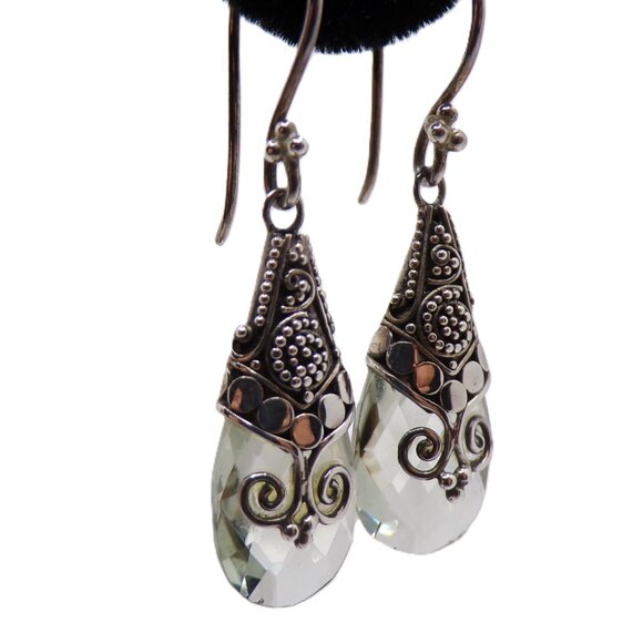 Sterling Silver Green Quartz Artisan Earrings Beautiful Ornate Dangling Earrings - Picture 1 of 8
